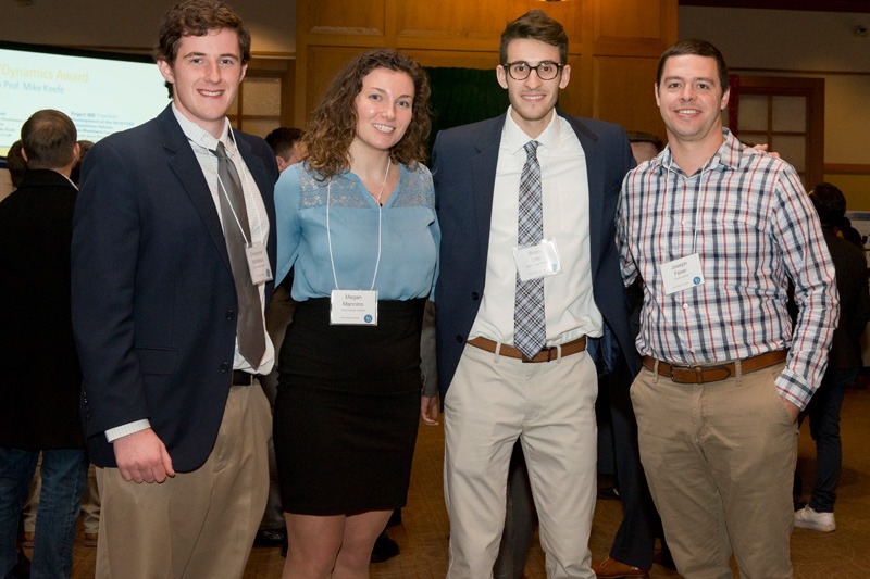 Engineering students Christopher McMahon, Megan Mannino and Brian Otto worked under the advisement of Joseph Feser (far right), an associate professor of mechanical engineering.